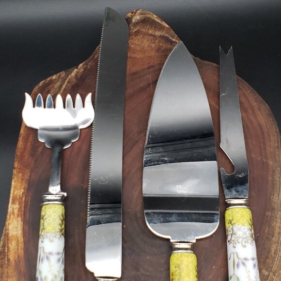 Vintage Sheffield England 4 Pc Serving Utensil Set Porcelain Handles Floral Gold - Picture 2 of 12